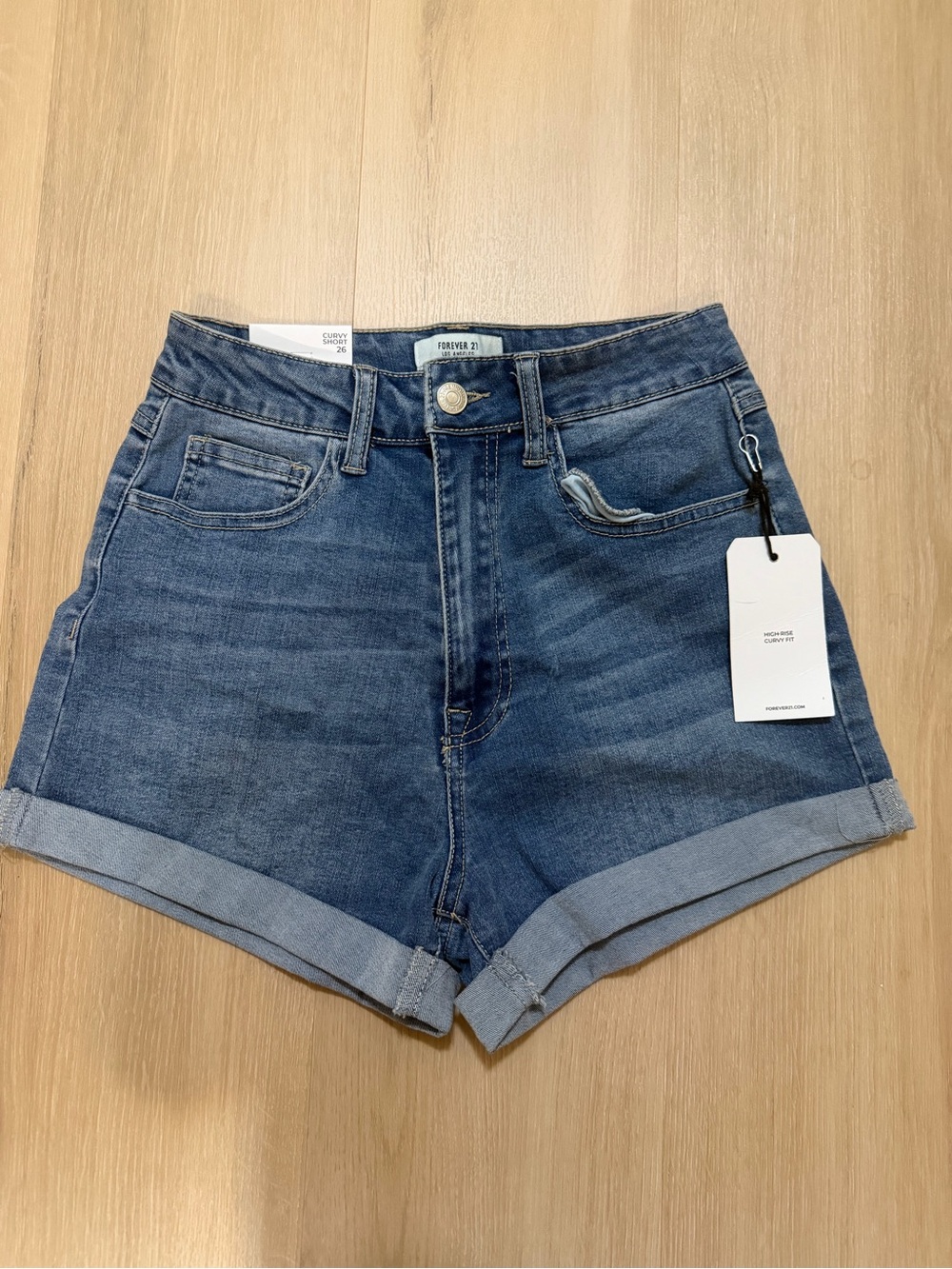 Forever 21 High-Rise Rolled Hem Denim Shorts - Blue-Curvy Fit